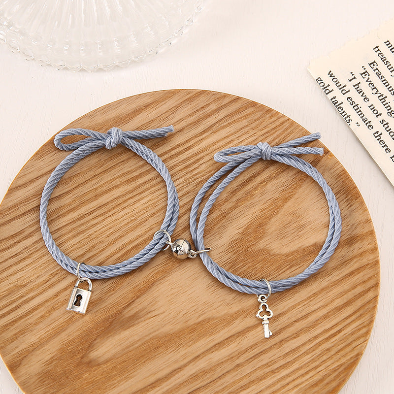 Simple Lock Key Rubber Band Rope Magnetic Couple Pair Bracelets