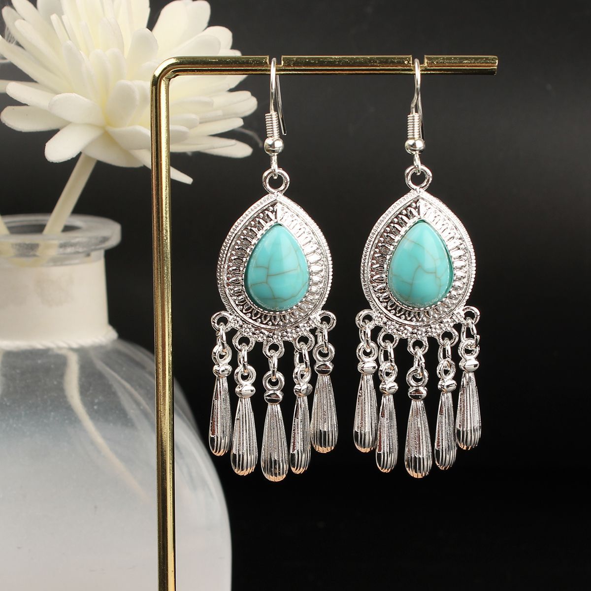 Ethnic Style Miao Sier Turquoise Tassel Earrings