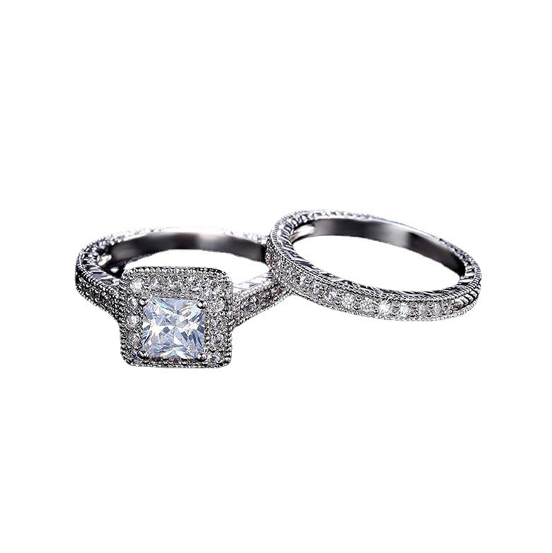 Sier-plated Diamond Fashion Luxury Couple Square Rings