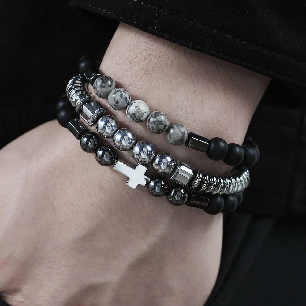 Men's Beaded Suit Map Stone Haematite Cross Bracelets