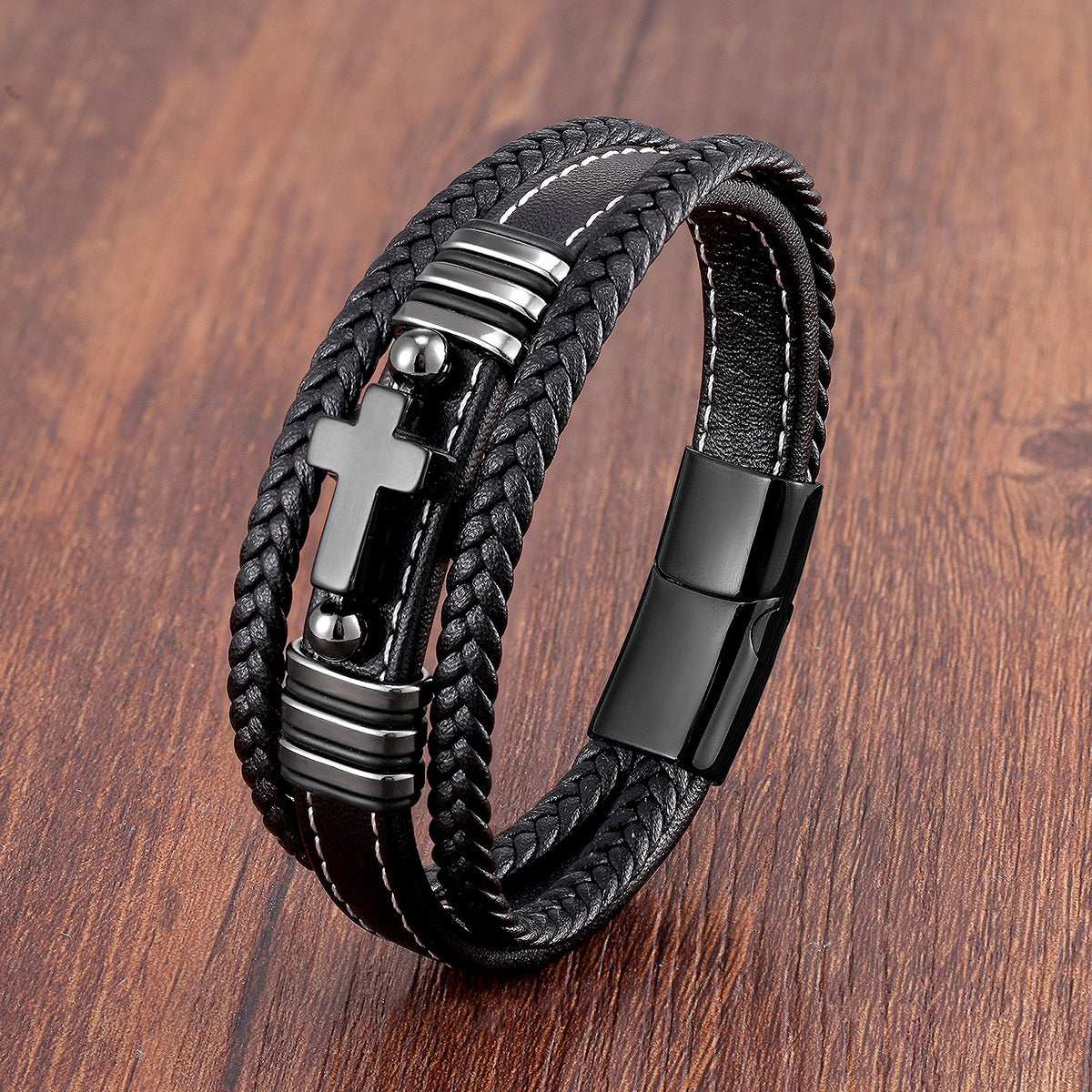 Men's Woven Leather Vintage Stone Cross Stainless Steel Bracelet