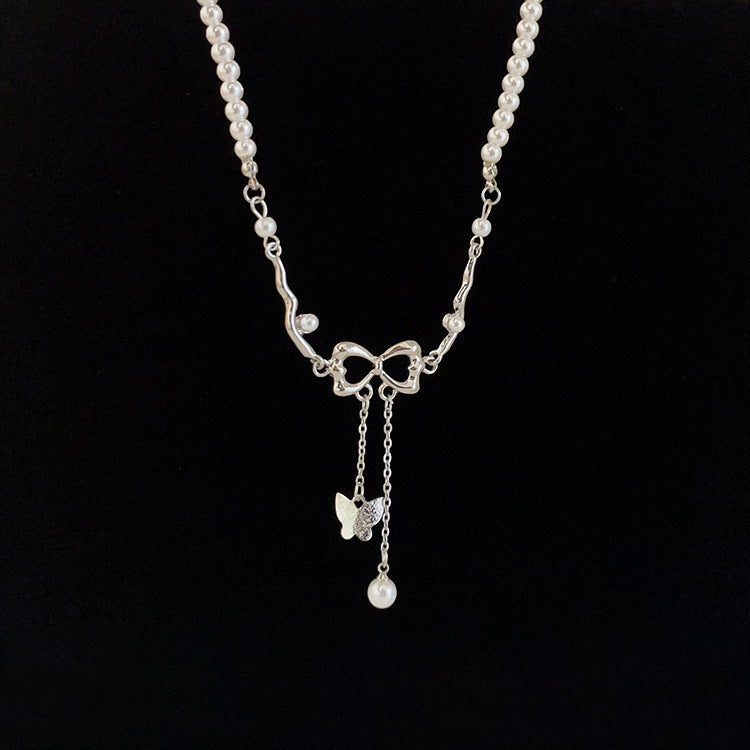 Women's Irregular Metal Bow Pearl Design Sense Niche Necklaces