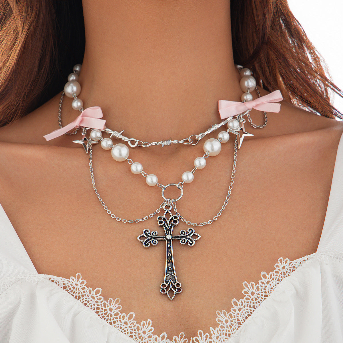 Cross Metal Bow Small Fresh Alloy Imitation Pearl Necklaces