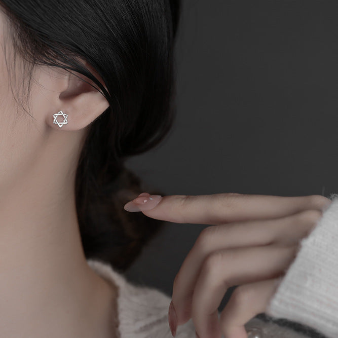 Sier Three-dimensional Hollow Hexagram Style Sweet Earrings