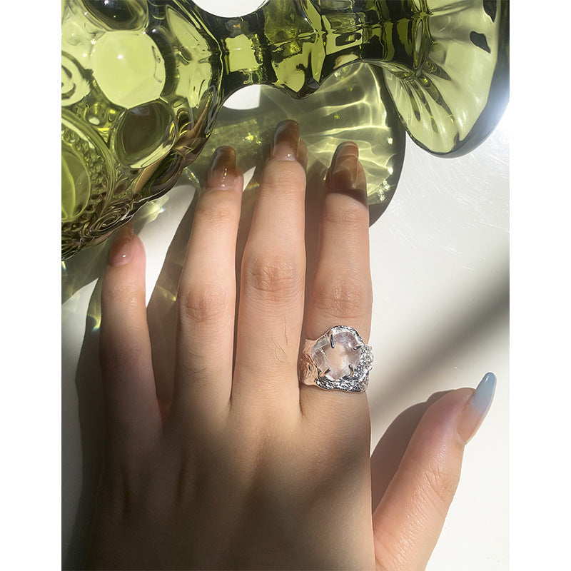 Women's Light Luxury Design Irregular Surface Crystal Pleated Texture Sterling Rings