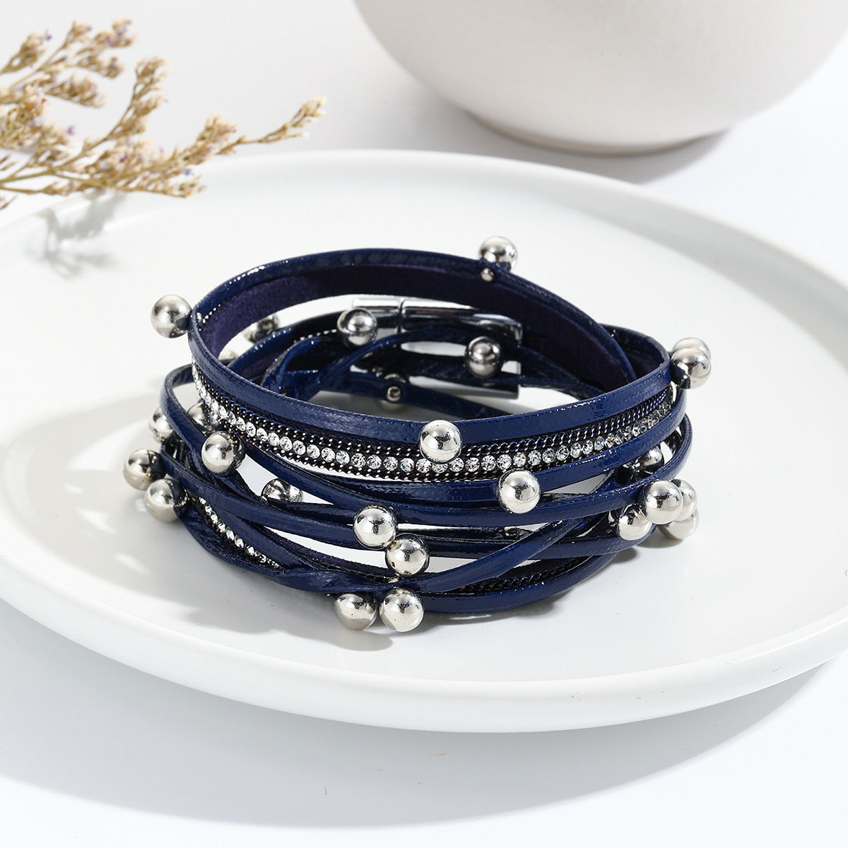 Women's Popular Two-circle Beaded Leather Fashion Magnetic Bracelets