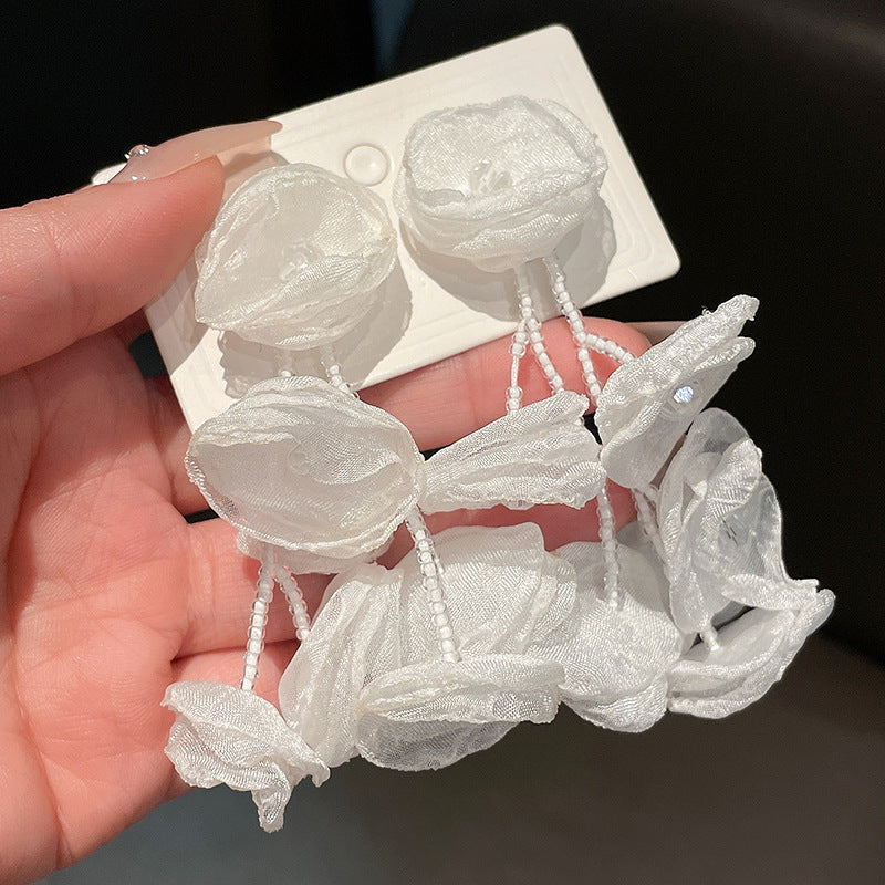 Women's Sier Needle Crystal Flowers Long Mori Earrings