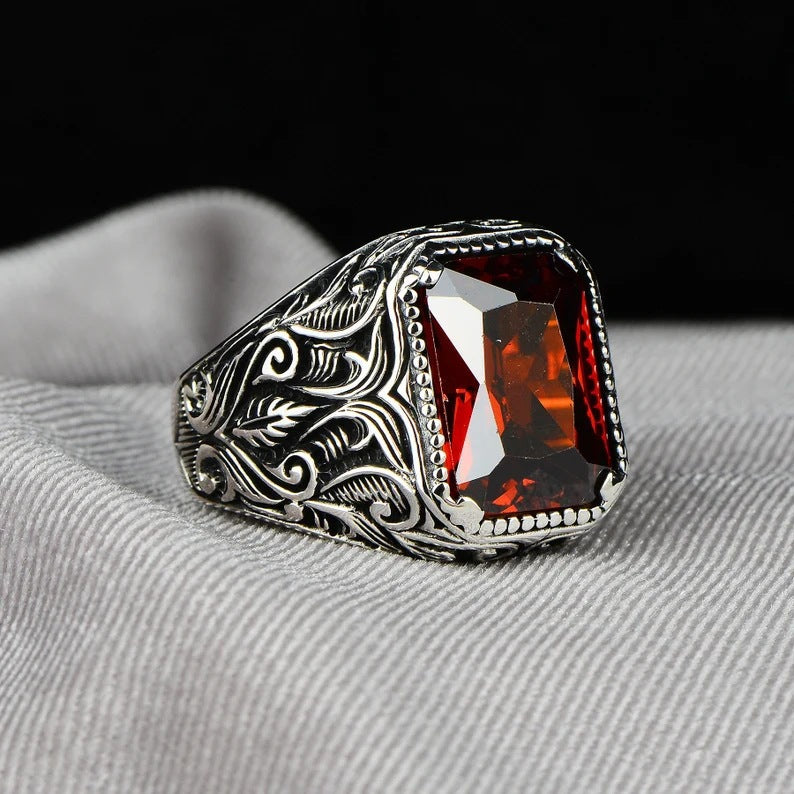 Men's Retro Exaggerated Ethnic Style Inlaid Square Ruby Punk Rings