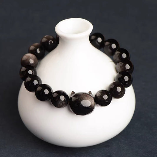 Women's Sier Stone Cat Head Obsidian For Bracelets