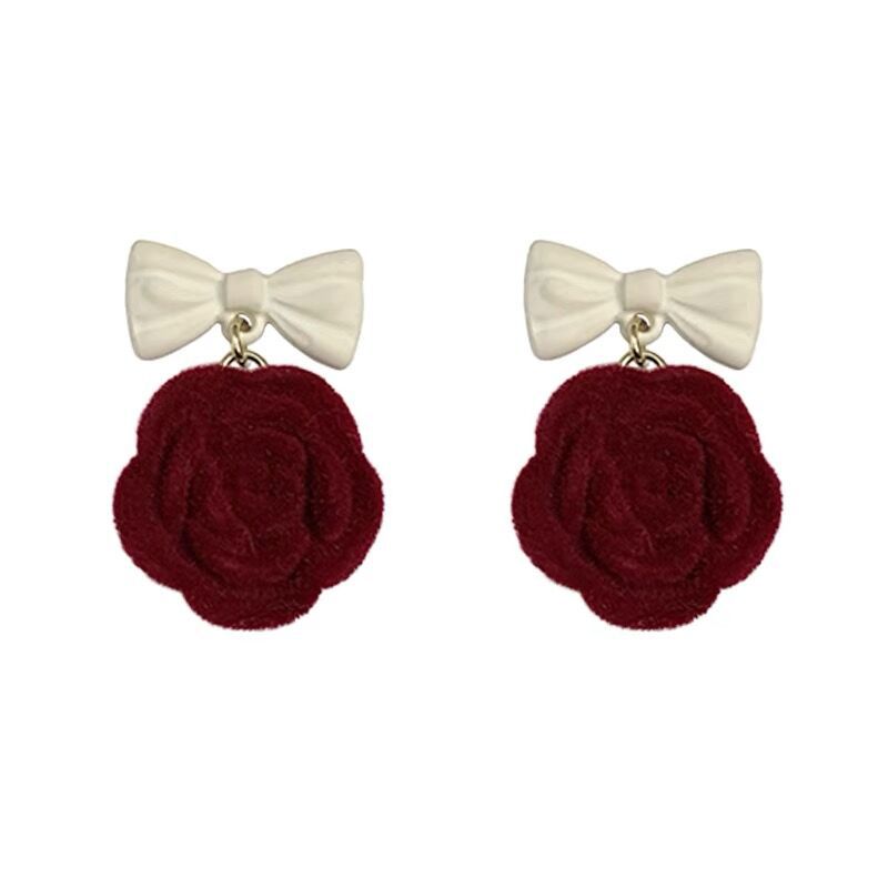 Flocking Bow Bell Plush Sweet Cute Earrings