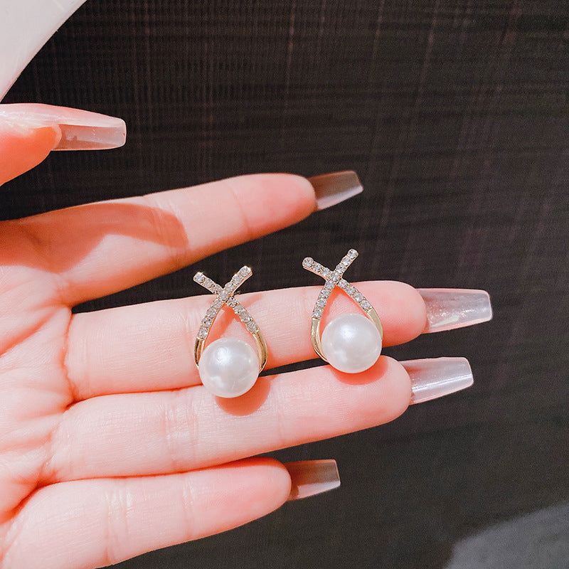 Sier Needle Korean Style Cross Rhinestone Pearl Earrings