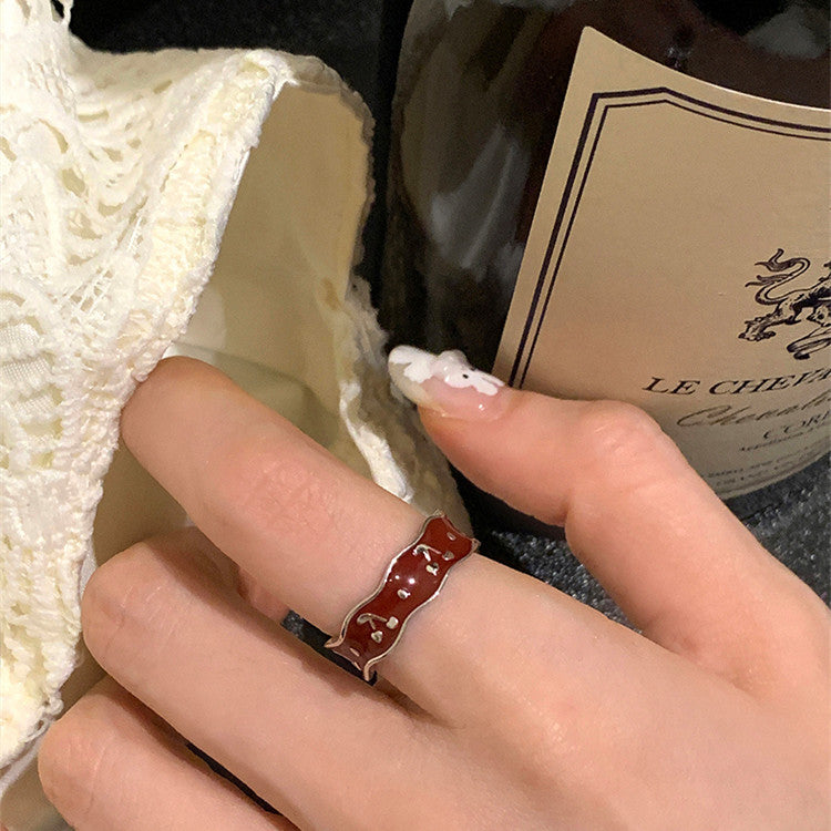 Retro Red Glaze Flower Cherry Minority Design Sense Rings