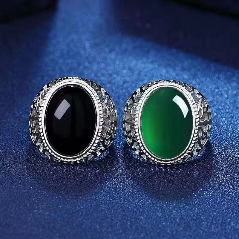 Men's Sier Emerald Retro Hollow Open Mouth Rings