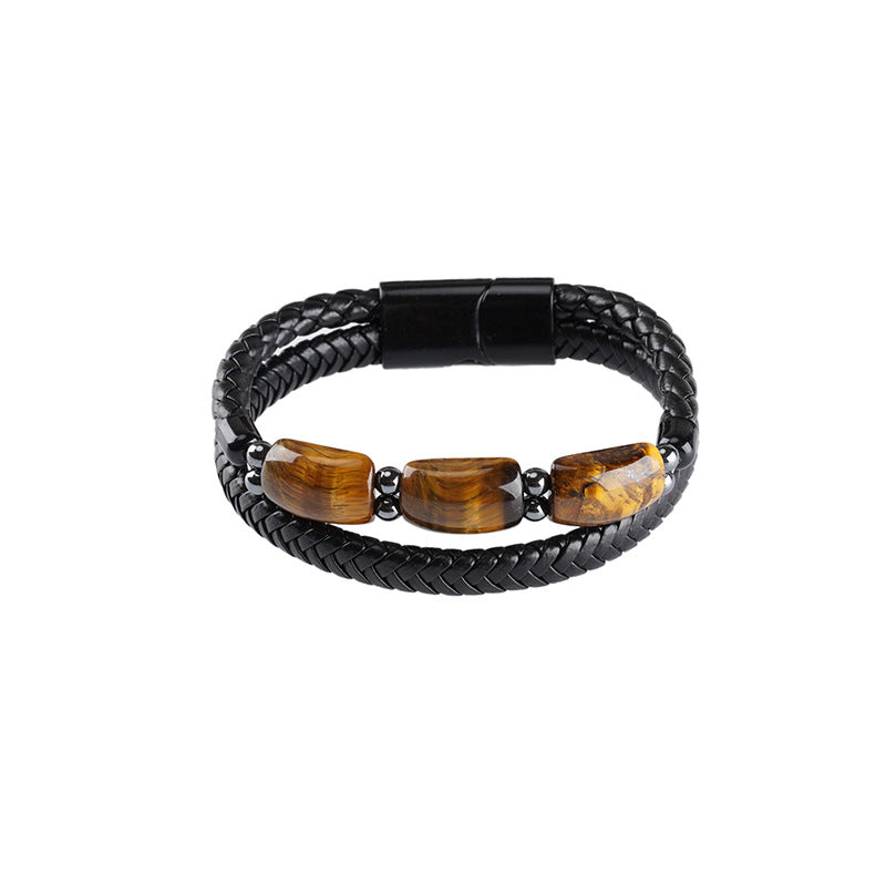 Woven Double Layer Tigereye Head Cattlehide Bracelets