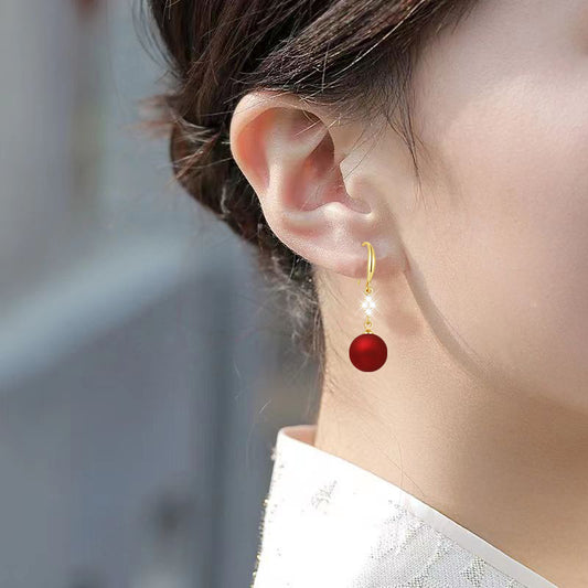 Inlaid Zircon Matte Red Round Beads Earrings