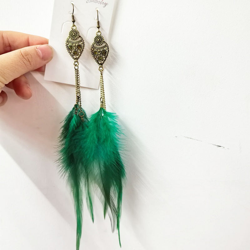 Hole Blue Long Retro Feather Drop-shaped Spot Earrings