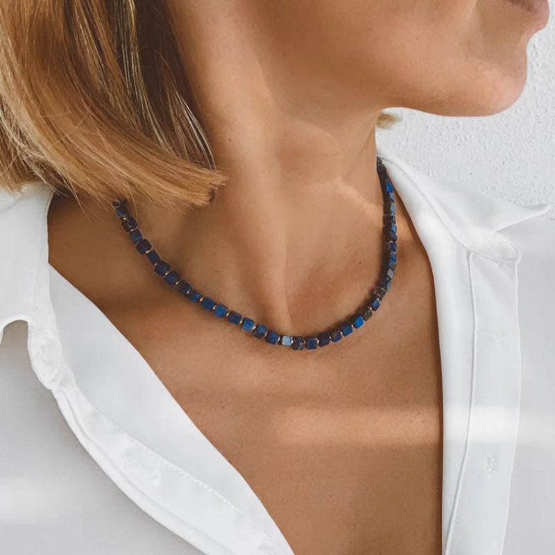 Personality Mediterranean Romantic Blue Natural Lapis Lazuli Square Beaded Necklaces