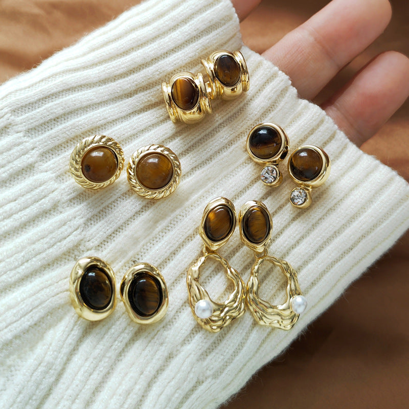 Retro Tigereye Personalized Minority Irregular Ear Earrings