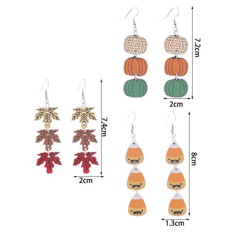 Thanksgiving Wooden Colorful Maple Leaf Three-color Earrings