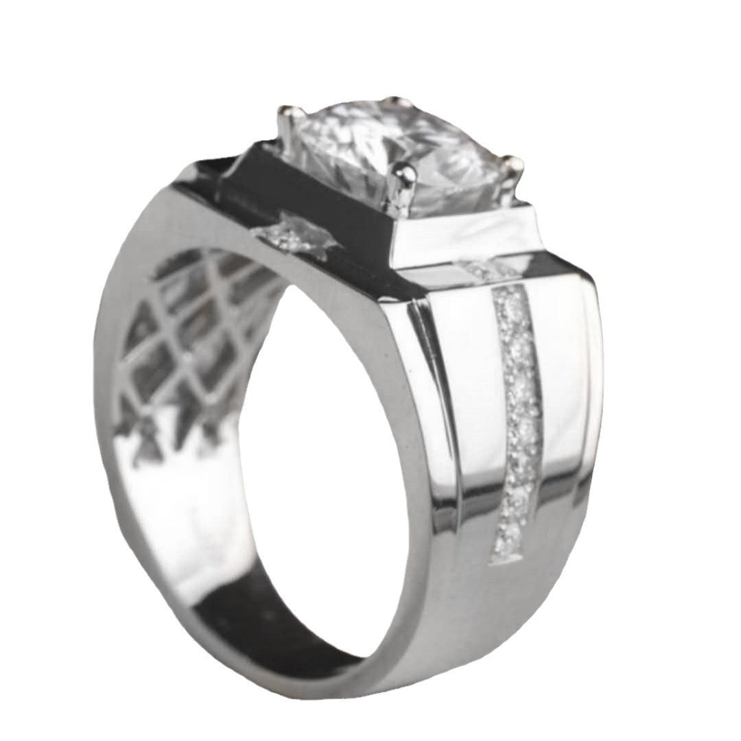 Men's Sier Business Imitation Moissanite Inlaid White Rings