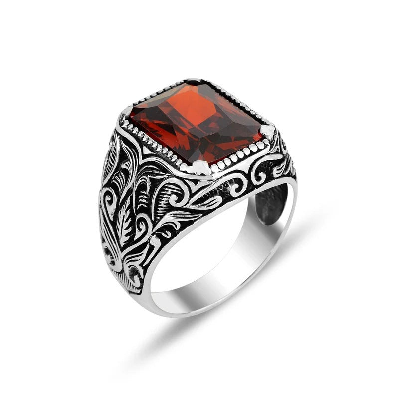 Men's Retro Exaggerated Ethnic Style Inlaid Square Ruby Punk Rings