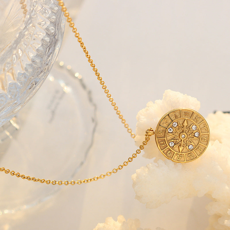 Style Round Inlaid Zircon Embossed Constellation Dial Hour Necklaces