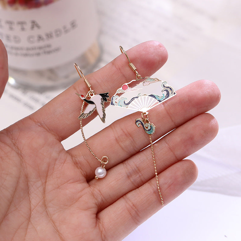 Fan Asymmetric Long Tassel Imitation Pearl Painting Earrings