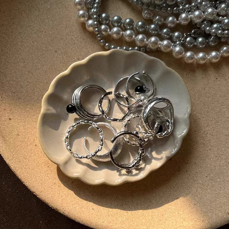 Luxury Simple Black Agate Female Niche Retro Rings