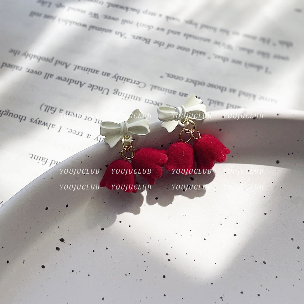Flocking Bow Bell Plush Sweet Cute Earrings