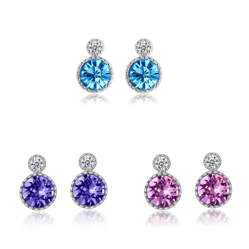 Round Ornament Sier Crystal Small Beautiful Earrings