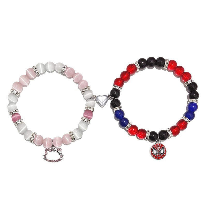 Spider Cat Couple Crystal Opal Magnet Bracelets