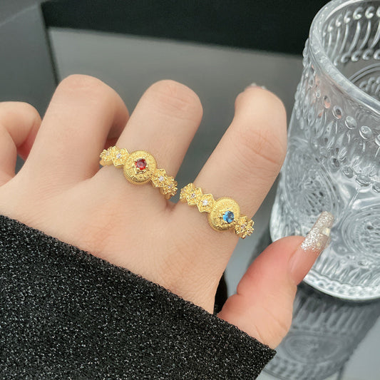 Women's Retro Atmosphere Lace Single Rhinestone Adjustable Brushed Pattern Antique Rings