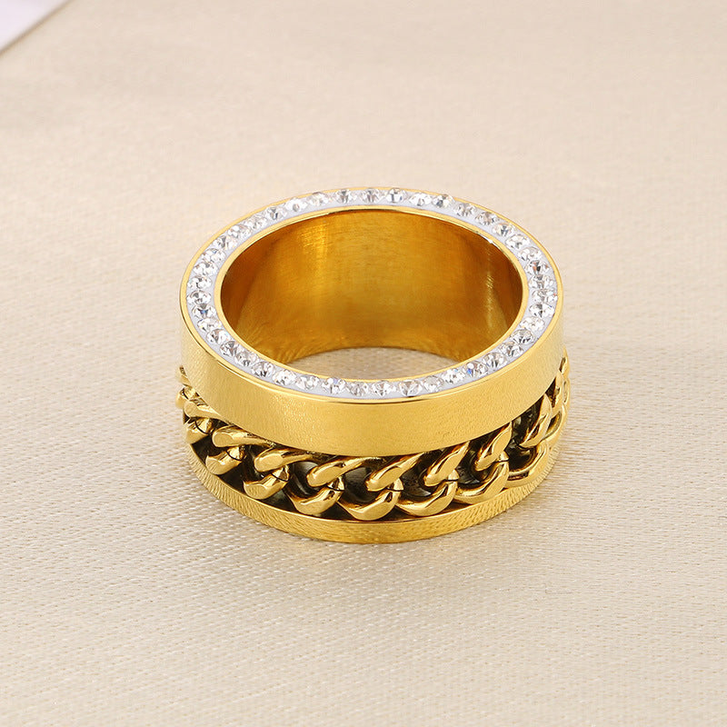 Women's & Men's Hop Side Rhinestone Chain Elegant Golden Wide Rings