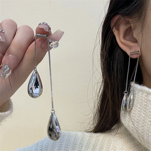 Metal Golden Water Drop Asymmetric Long Simple Graceful Earrings