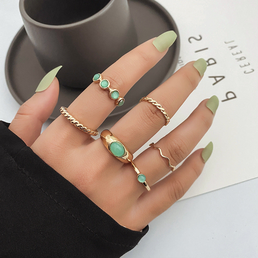 Women's Turquoise Twist Gold Wave Knuckle Rings