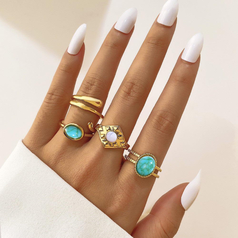Women's Turquoise Twist Gold Wave Knuckle Rings