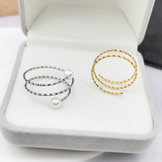 Titanium Steel Embossed Elastic Shank Pearl Rings