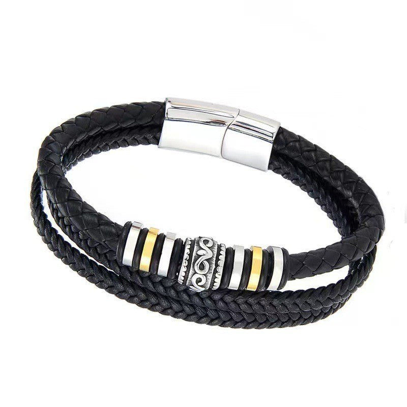 Men's Steel Leather Titanium Magnetic Snap Ethnic Bracelets