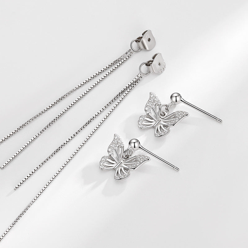 Sier Butterfly Diamond Simple Front Back Earrings