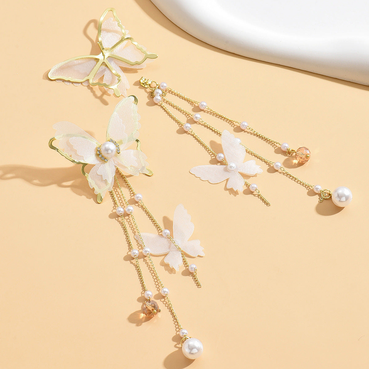 Lace Pearl Rhinestone Super Fairy Butterfly Tassel Earrings