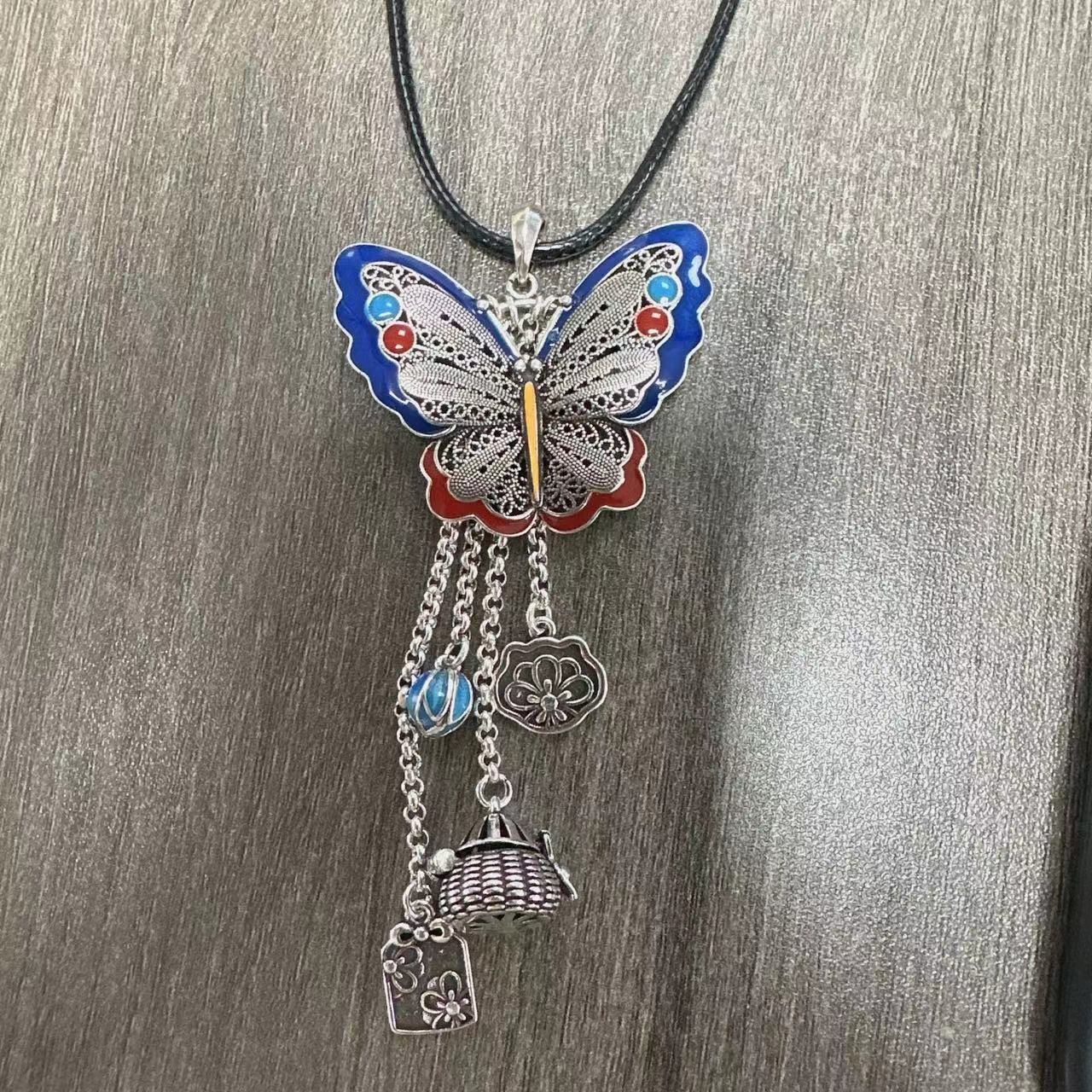 Cloisonne Butterfly Female Temperament Thai Sier Antique Finish Long Necklaces