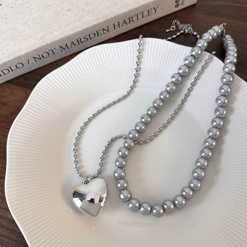 Women's Korean Style Sier Love Pearl Light Luxury Necklaces