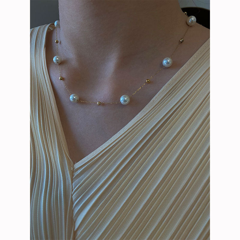 Strong Light Pearl Golden Balls Design Titanium Steel Female Necklaces
