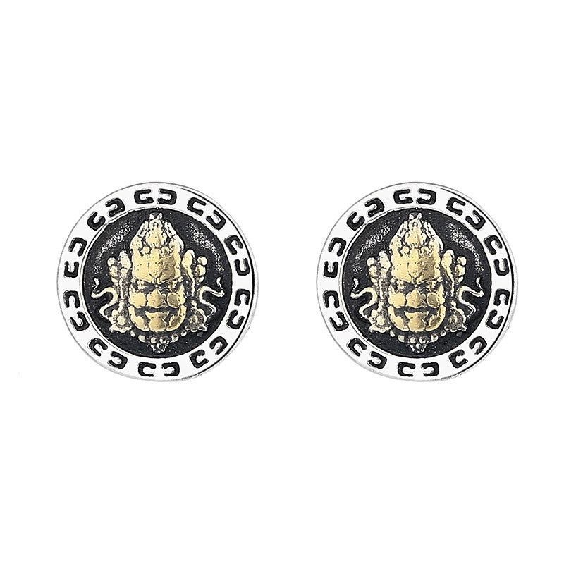 Men's Three-dimensional Yellow God Of Wealth Fashion Simple Round High Sense Stud Earrings