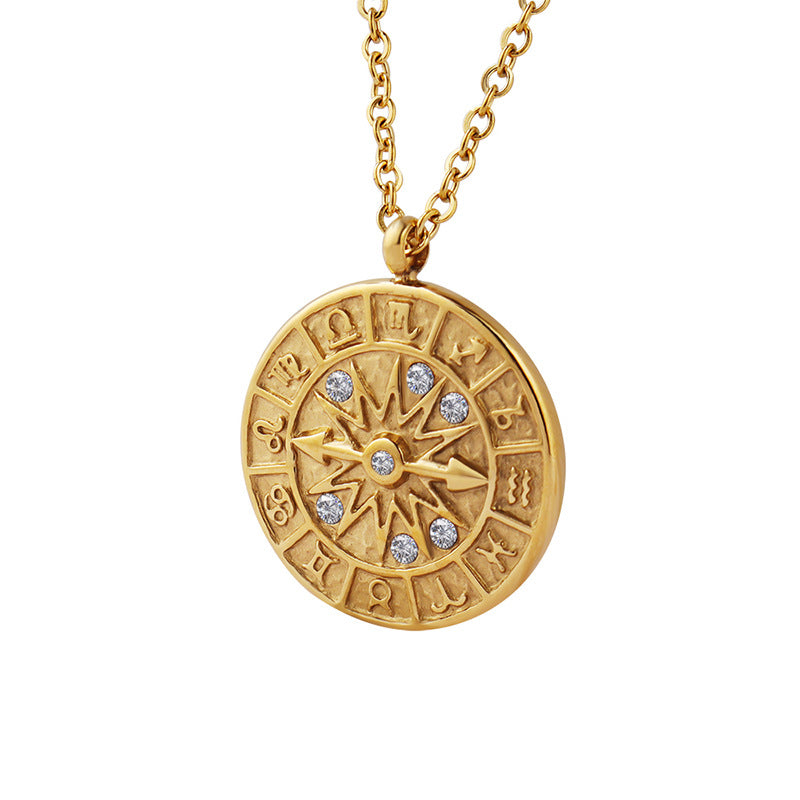 Style Round Inlaid Zircon Embossed Constellation Dial Hour Necklaces