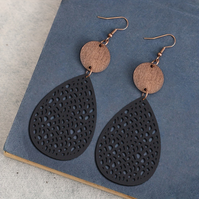 Retro Hollow Spider Web Stitching Wood Earrings