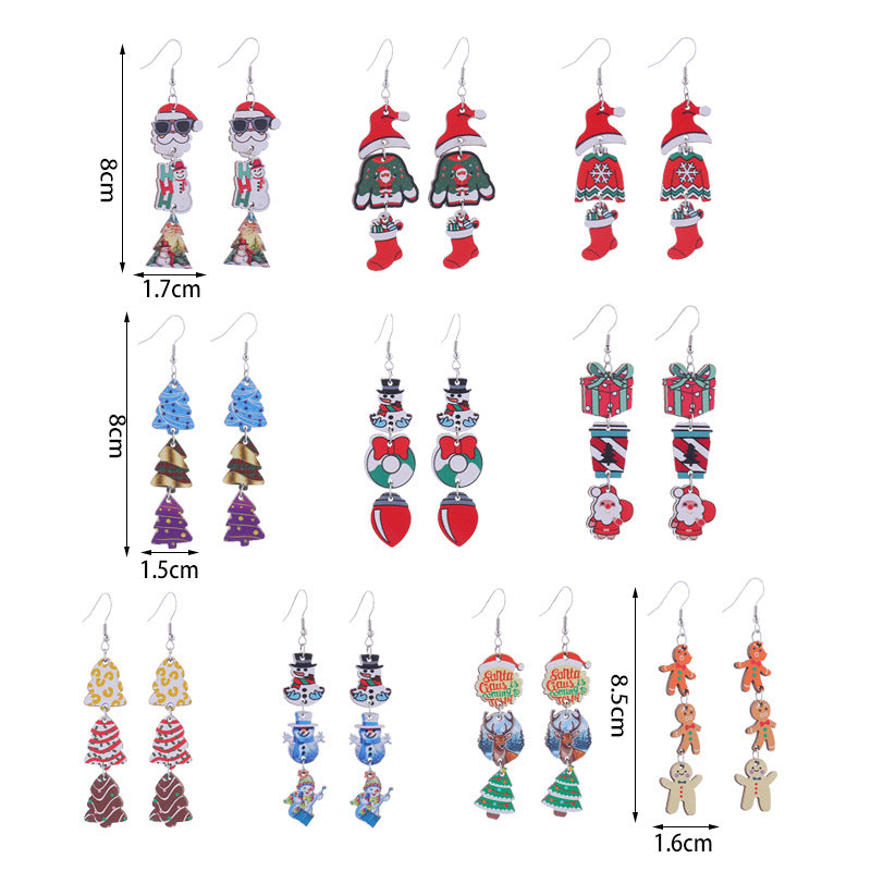 Christmas Tree Hat Bell Snowman Wooden Earrings