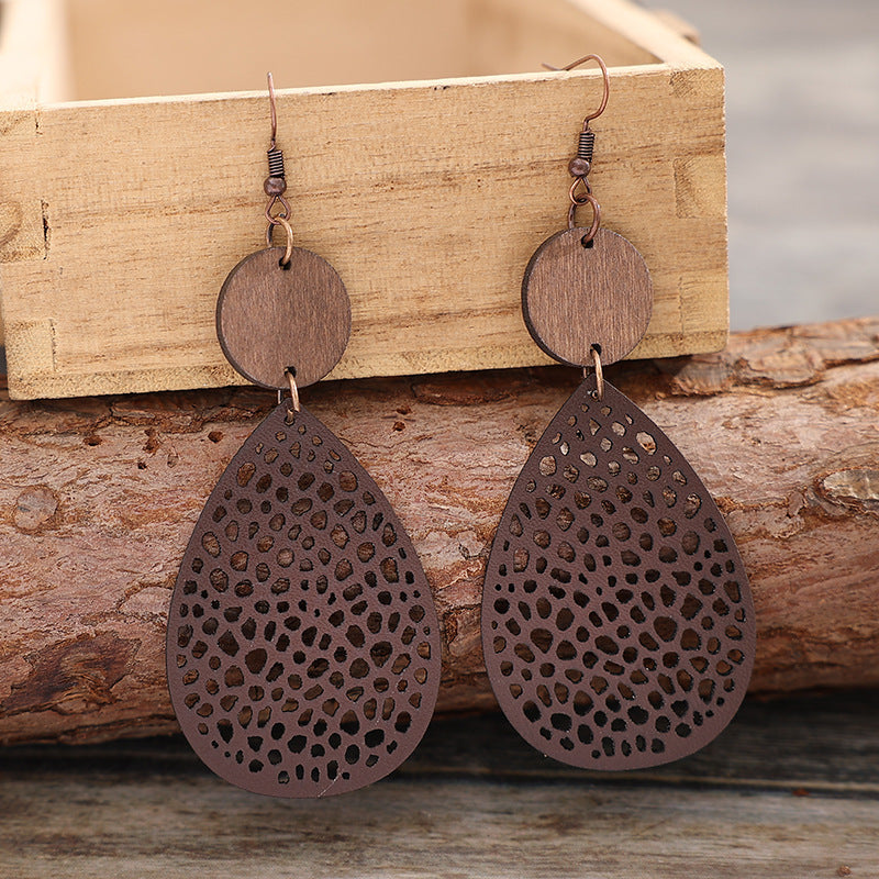 Retro Hollow Spider Web Stitching Wood Earrings