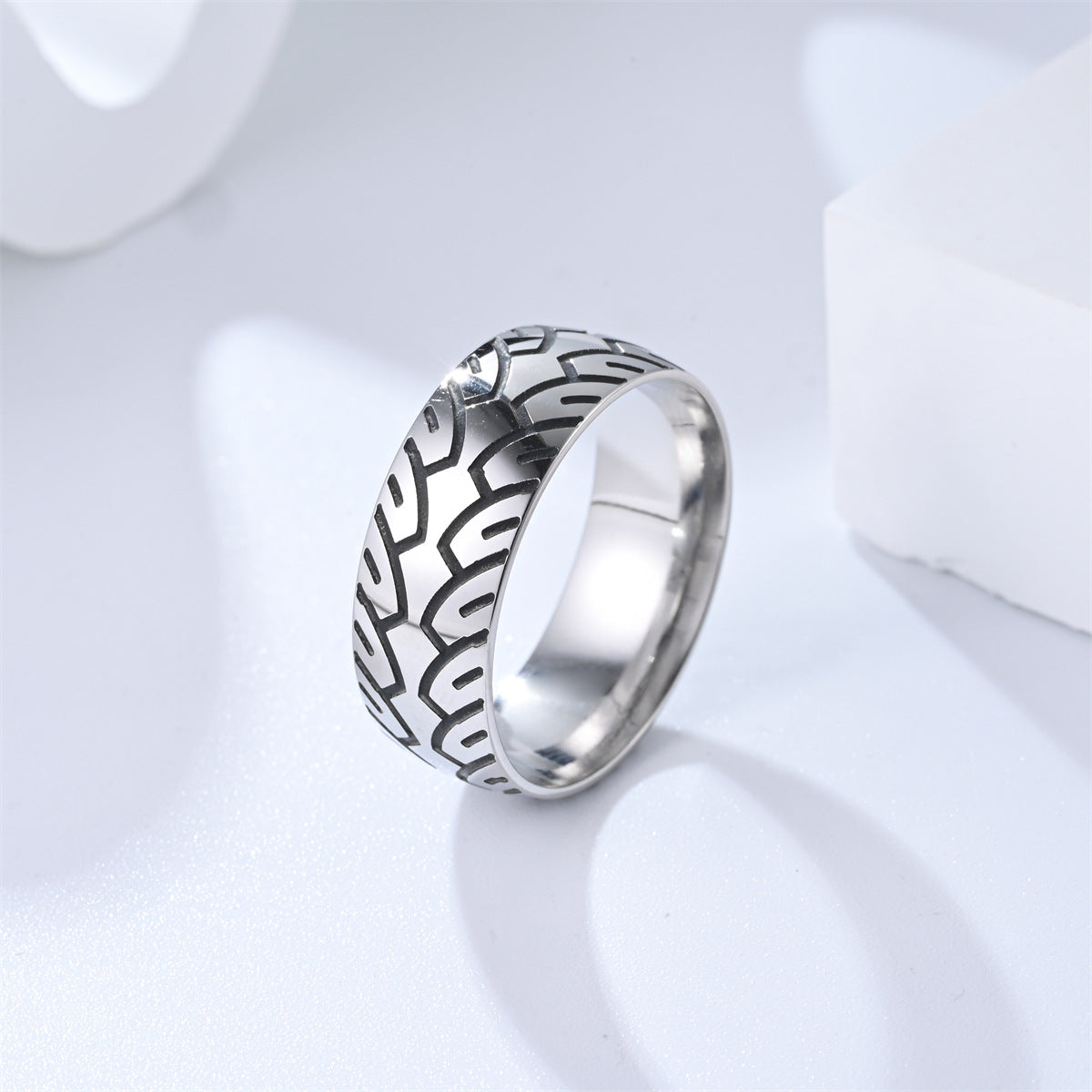 Men's Titanium Steel Corrosion Carved Tire Pattern Rings
