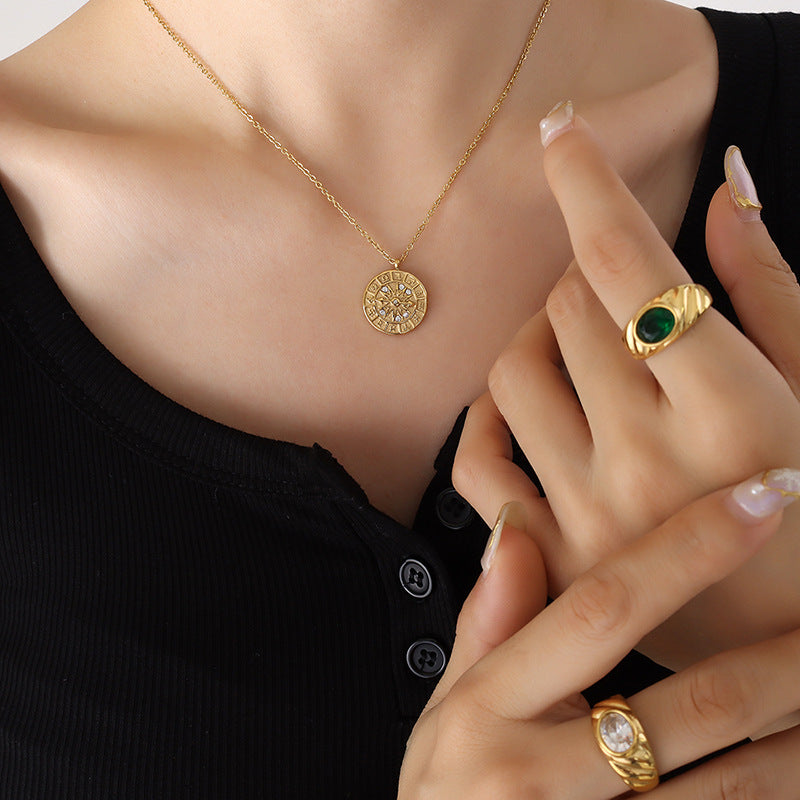 Style Round Inlaid Zircon Embossed Constellation Dial Hour Necklaces
